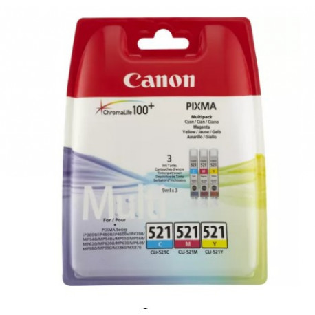Pack 3 Tinteiros Originais Canon CLI521 - Cyan, Magenta, Amarelo - 2934B010