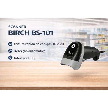 LEITOR CÓDIGOS BARRAS BIRCH BS-101 1D/2D USB PRETO C/ SUPORTE