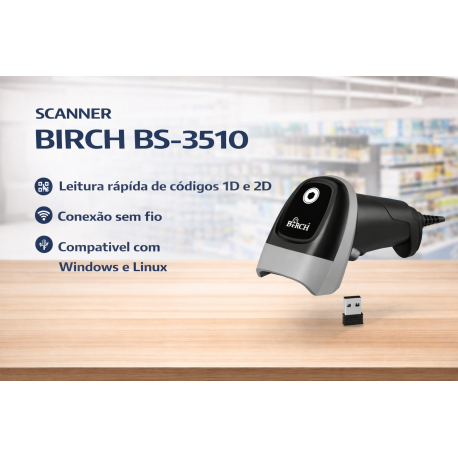 LEITOR CÓDIGOS BARRAS BIRCH BS-3510 USB / WIRELESS C/ SUPORTE