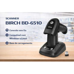 LEITOR CÓDIGOS BARRAS BIRCH BD-6510T WIRELESS 2D PRETO C/ SUPORTE