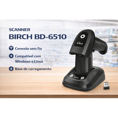 LEITOR CÓDIGOS BARRAS BIRCH BD-6510T WIRELESS 2D PRETO C/ SUPORTE